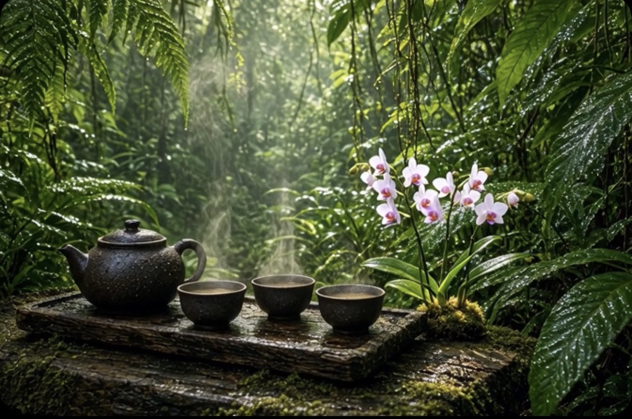 Dark teapot and steaming cups among orchids in a misty jungle sanctuary
